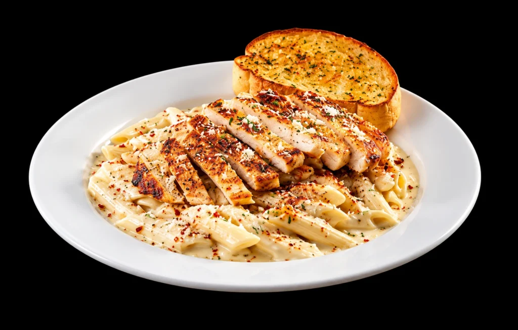 Grilled Chicken Alfredo Pasta with Garlic Toast